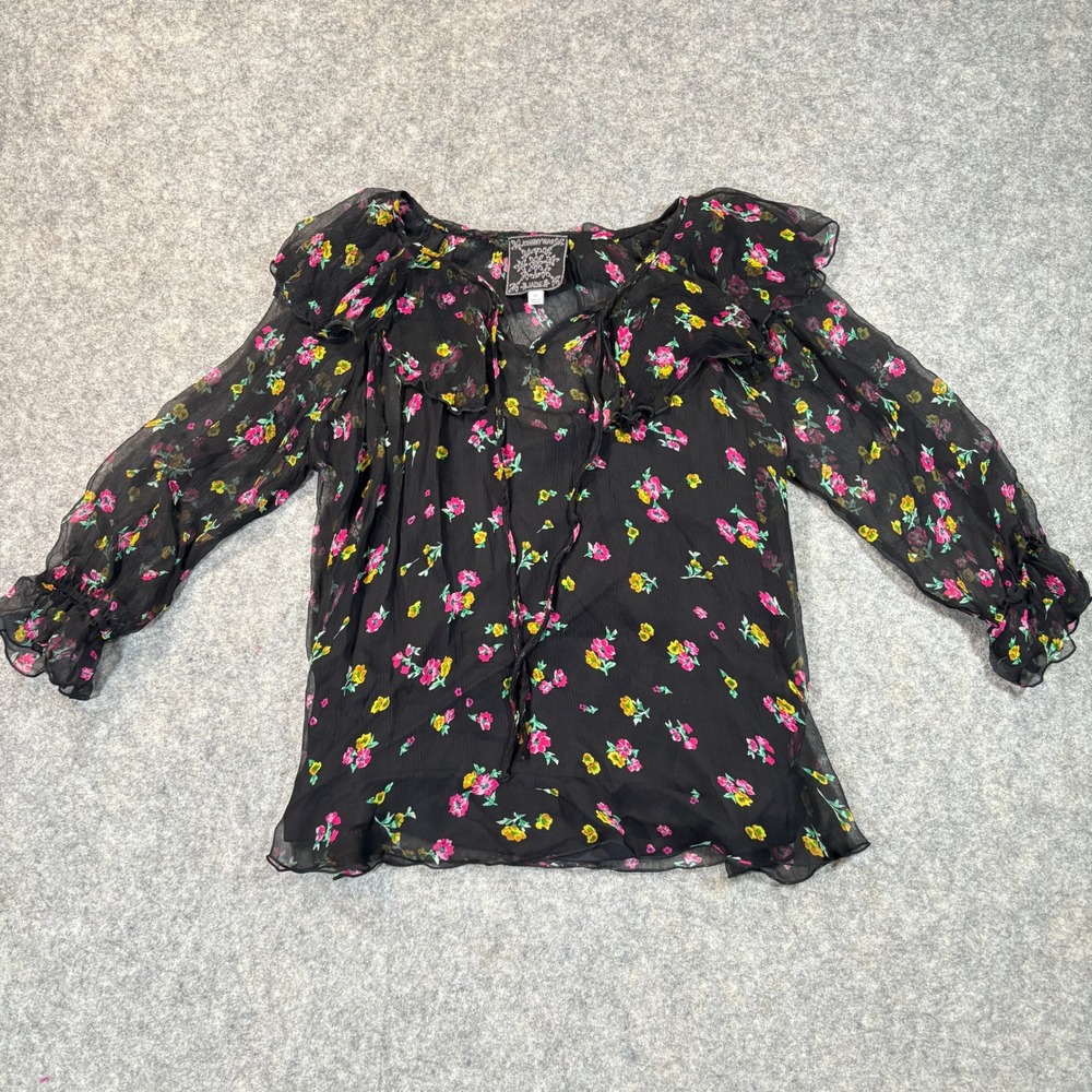 Johnny Was Blouse Womens XS Black Silk Dark Floral Ruffle Boho Sheer Fernanda